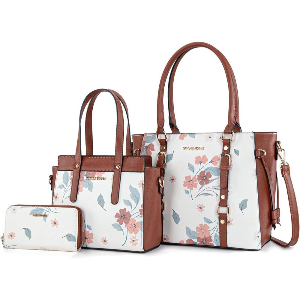 Womens  Flower Brown 3PCS Purses Set Tote Bag Wallet & Shoulder Satchel Handbags